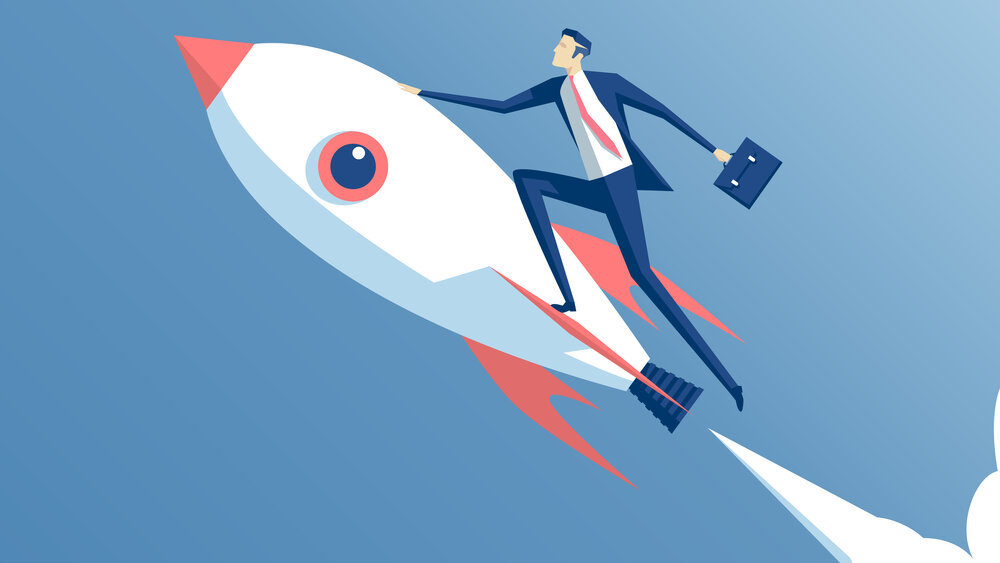 A computer-generated illustration of a businessman in a suit holding a briefcase as he clings to a rocket flying through the sky.