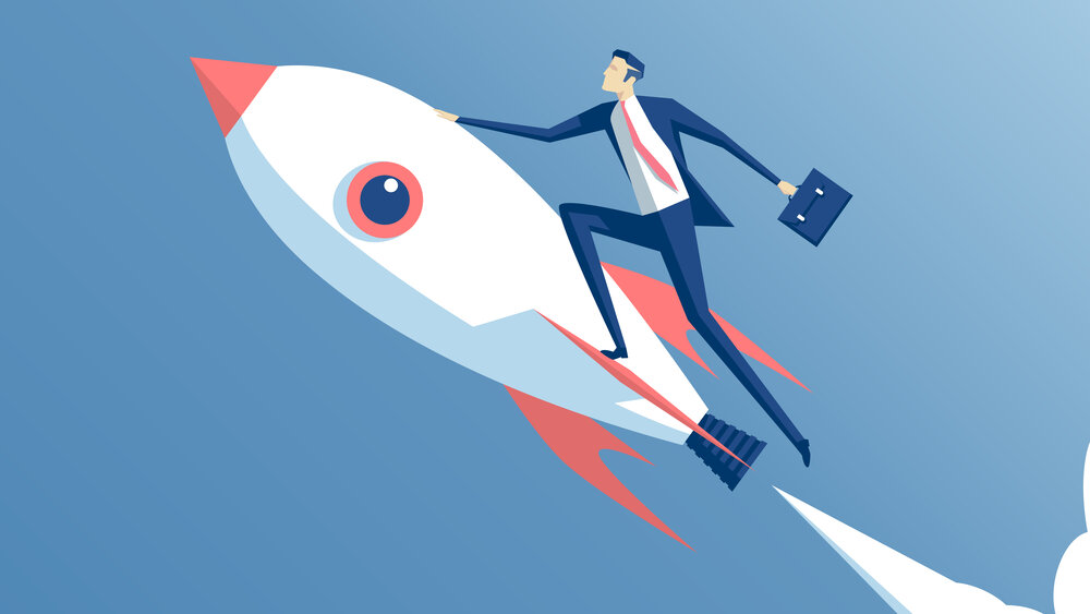 A computer-generated illustration of a businessman in a suit holding a briefcase as he clings to a rocket flying through the sky.