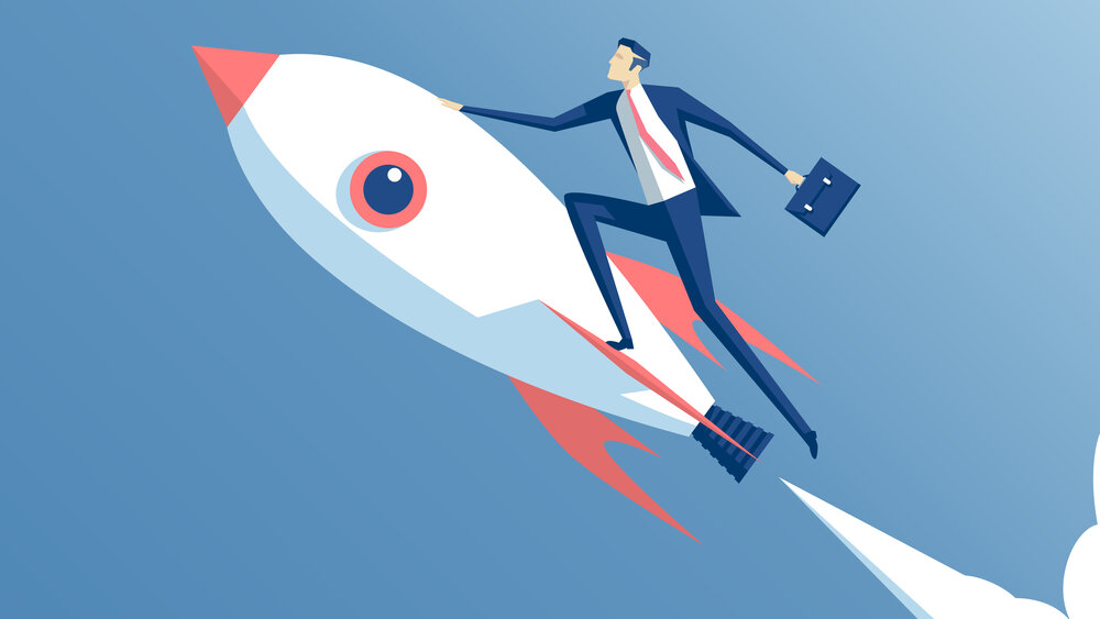 A computer-generated illustration of a businessman in a suit holding a briefcase as he clings to a rocket flying through the sky.