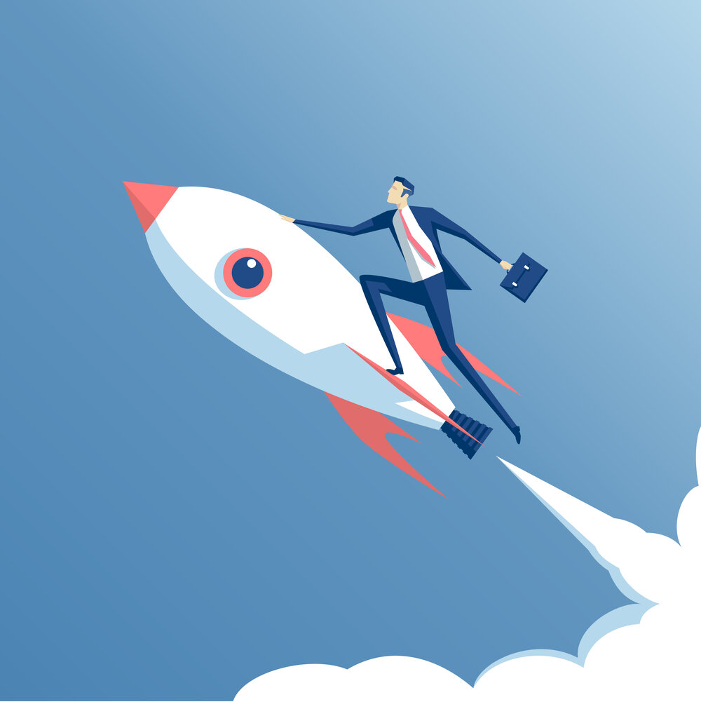Eine Computergenerierte Illustration von einem Geschäftsmann im Anzug mit einer Aktentasche, der sich an einer fliegenden Rakete im Himmel festhält.
