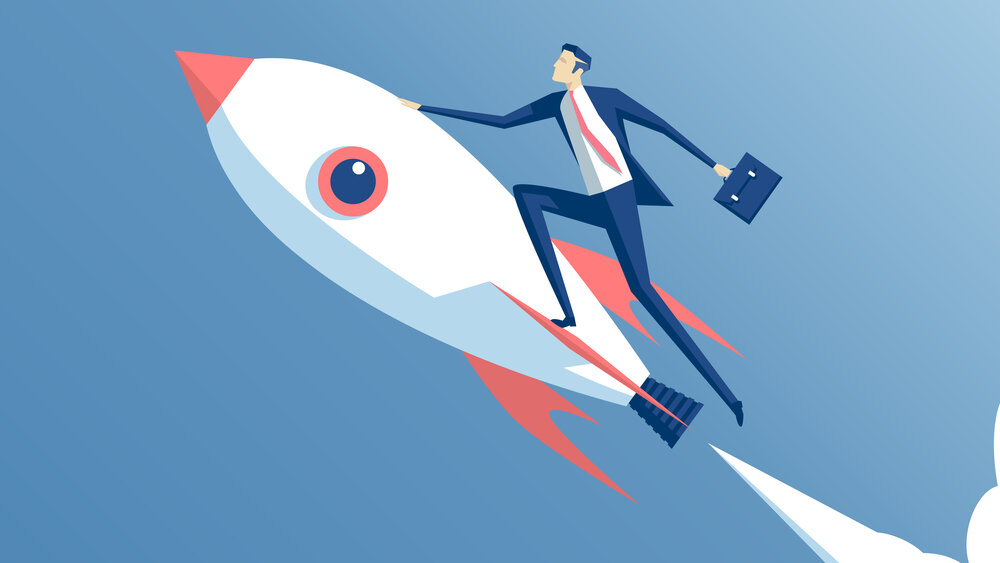 A computer-generated illustration of a businessman in a suit holding a briefcase as he clings to a rocket flying through the sky.