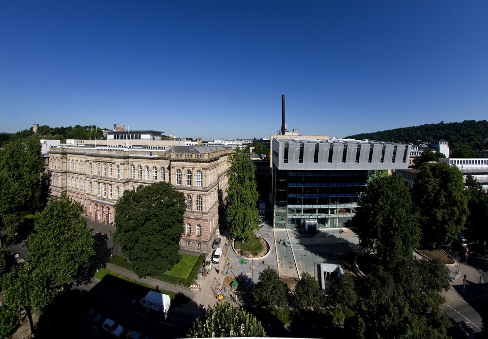 A snapshot from above, showing mainly two buildings at RWTH Aachen University.