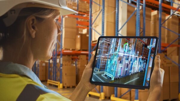 Eine Frau mit Schutzhelm und Warnweste steht in einem Lager und betrachtet auf einem Tablet eine Augmented Reality-Darstellung des Bestandes.