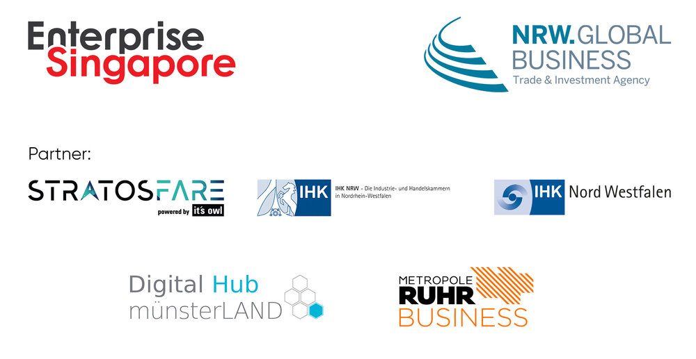 Grafik mit Logos von Enterprise Singapore, NRW.Global Business, STRATOSFARE, IHK NRW, IHK Nord Westfalen, Digital Hub münsterLAND und Metropole Ruhr Business.