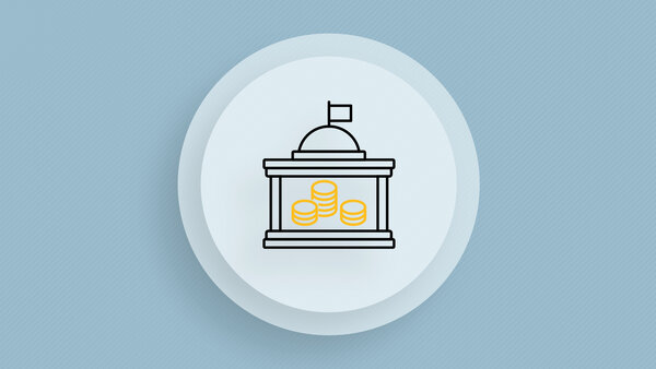 Symbolic image of a building with a dome, containing symbols for money.