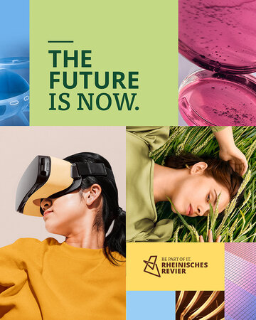 Eine Collage mit Menschen, VR-Brille, Laborarbeiten, Natur, technischen Innovationen und dem Schriftzug „The Future is Now“.