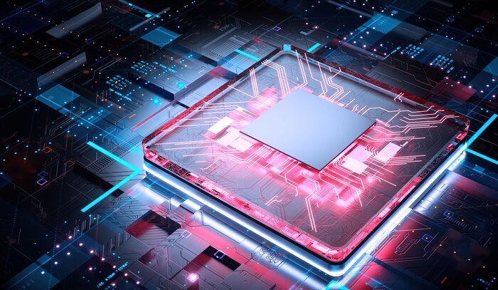Eine computergenerierte Darstellung eines leuchtenden Mikrochips in Rot und Blau, eingebettet in eine digitale Schaltkreis-Oberfläche.