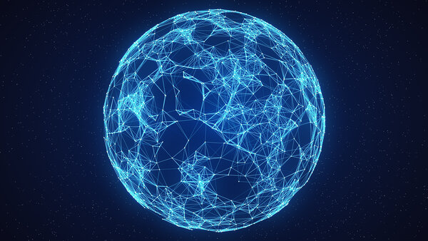 Eine Grafische Darstellung einer leuchtenden Kugel aus blauen Netzlinien vor dunklem Hintergrund mit Sternen.
