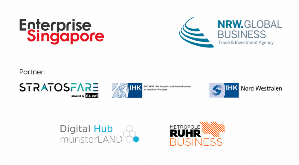 Graphic with logos from Enterprise Singapore, NRW.Global Business, STRATOSFARE, IHK NRW, IHK Nord Westfalen, Digital Hub münsterLAND and Metropole Ruhr Business.