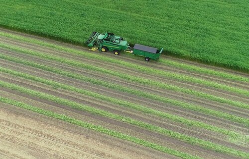Ein grüner Mähdrescher mit Anhänger bei der Ernte auf einem grünen Feld.