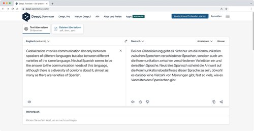 Ein Screenshot des Online-Übersetzungsdienstes DeepL, der einen englischen Text ins Deutsche übersetzt hat.
