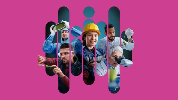 Graphic collage featuring people in lab coats and protective clothing, a woman wearing a yellow helmet, scientists and a microscope on a pink background.