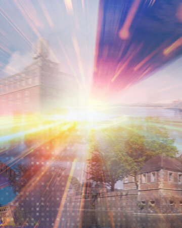 Eine Collage mit Stadtansichten, Brücken und Gebäuden, kombiniert mit farbigen Lichtstrahlen, die zur Mitte des Bildes führen.