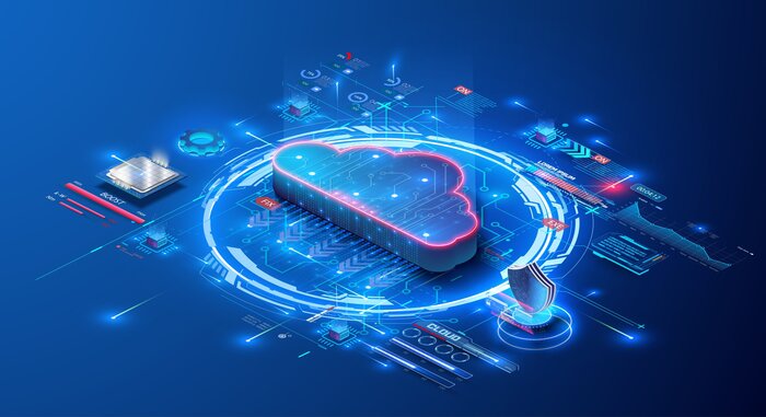 Eine dreidimensionale Illustration mit Prozessoren und Symbolen für Sicherheit und Analyse, in der Mitte eine Wolke als Symbol für eine Datencloud.