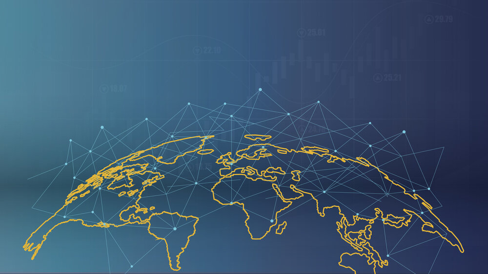 Computer-generated graphic of a world map with yellow outlines of several continents, overlaid with network lines and dots.