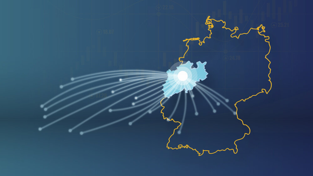 Computer-generated graphic of a map of Germany with a yellow border, highlighting the federal state of North Rhine-Westphalia with lines extending from it.